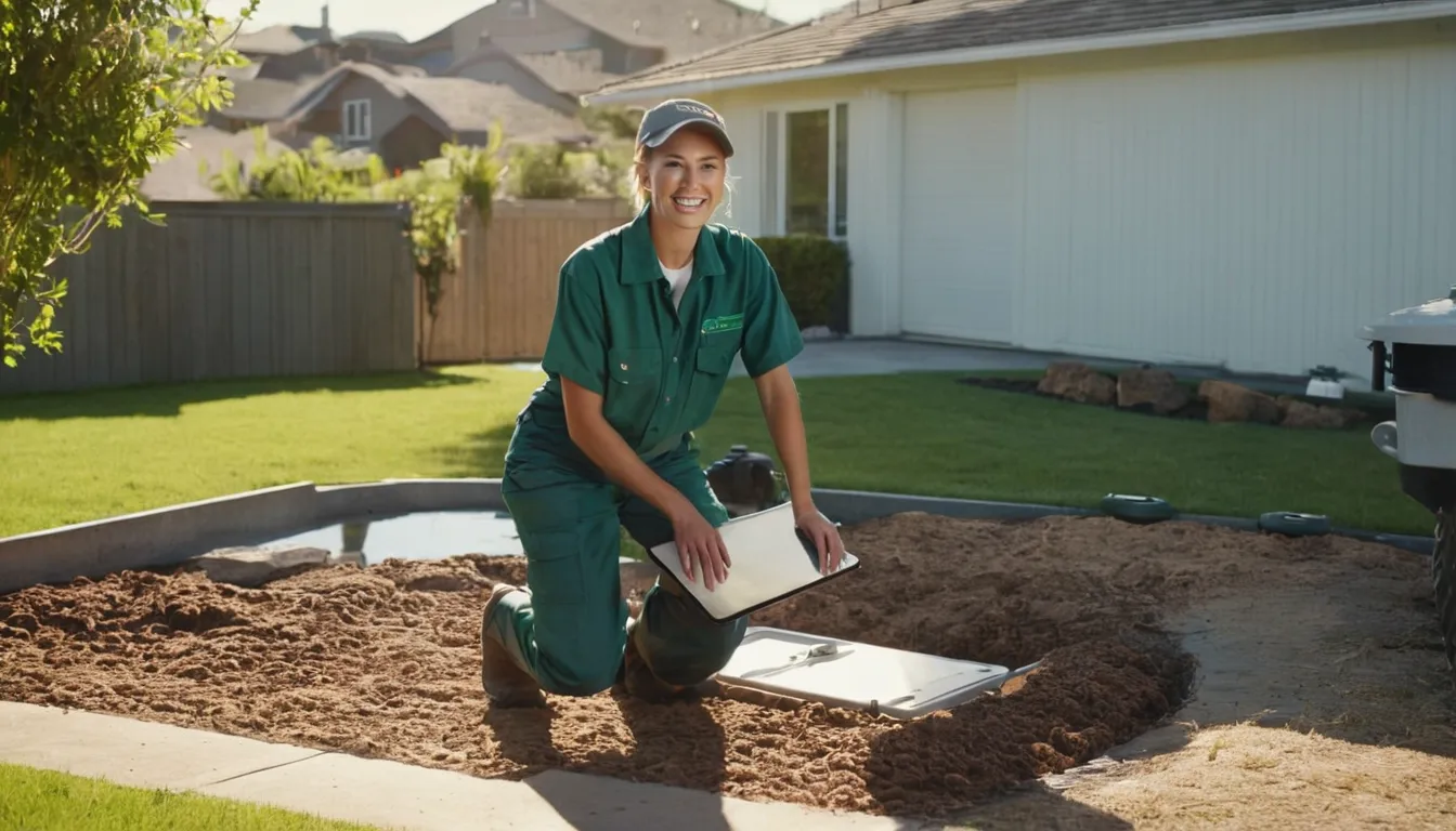 A friendly provider checking a septic tank lid in a residential yard near Aurora