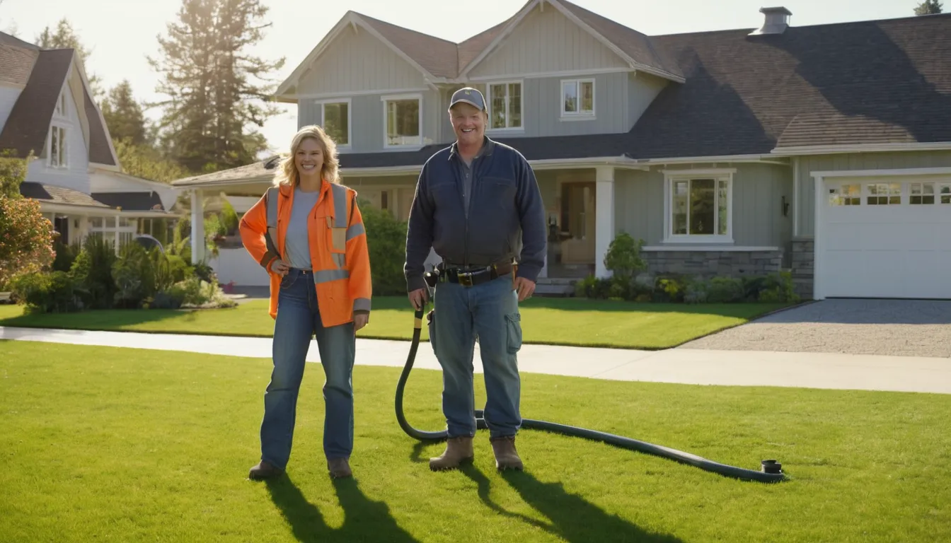 Provider's pumping truck parked beside a tidy home near Aurora while a homeowner talks with the technician