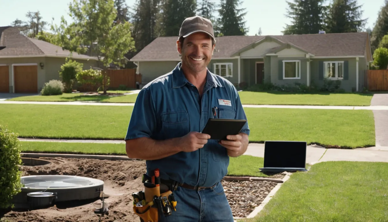 Local sewer line provider and homeowner reviewing camera inspection footage on a tablet in a yard in the Aurora area